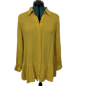 Soft Surroundings Button Up Ruffle Hem Long Sleeve Top Pockets Yellow Petite Med